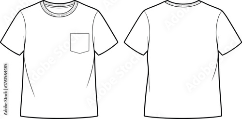 T-shirt flat sketch with pocket, short sleeve crew neck design, unisex casual wear vector illustration, fashion technical drawing, blank apparel template