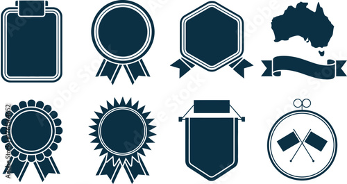 Dark Blue Outlined Badges, Banners, and Continent Silhouettes on White Background Display