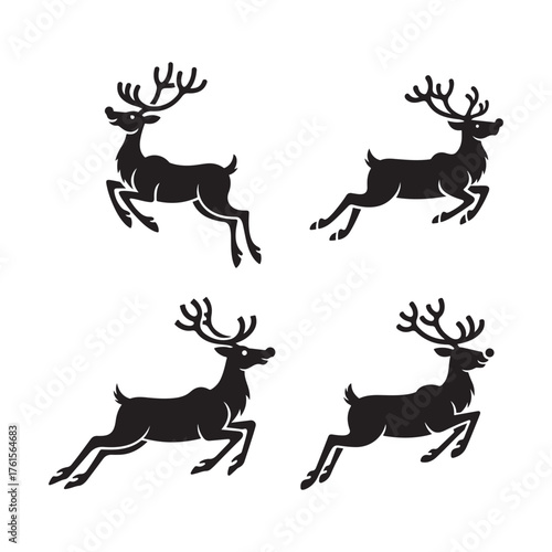 Four black reindeer silhouettes in dynamic jumping poses against a white background
