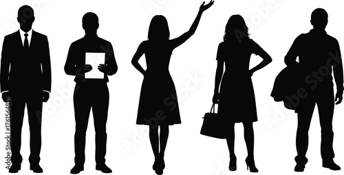 Silhouette group of five diverse standing figures in formal, casual, and expressive poses, ideal for business, lifestyle, and design themes