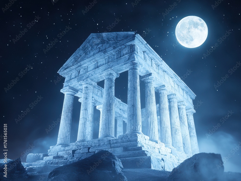 Obraz premium A majestic ancient temple stands under a full moon, surrounded by mist and stones, evoking a sense of mystery and history.