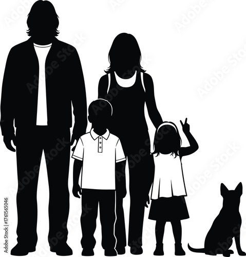 Silhouette of family with two children and dog, showing unity, love, lifestyle, generational bonding, and domestic companionship in vector art