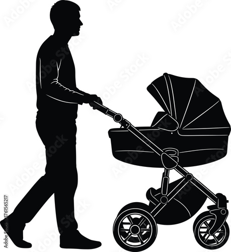 Silhouette of person walking with baby stroller, representing parenting, childcare, daily routine, infant care, and lifestyle vector illustration