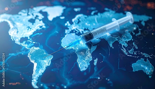 A syringe positioned over a digital map of the world, symbolizing global vaccination efforts and health initiatives