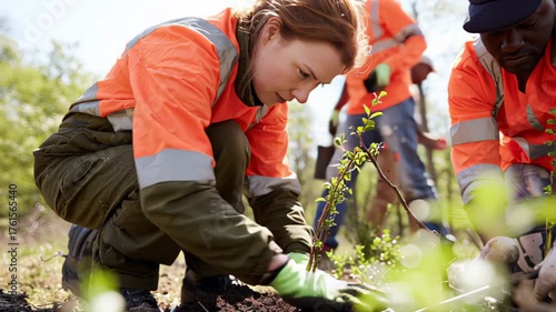 Planting young trees, individuals engaged in environmental conservation efforts, teamwork evident