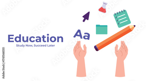 Hands holding book, diploma, and graduation cap symbolizing achievement and success in education. Flat academic background for school or university concept.