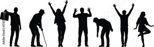 Silhouette sequence of wheelchair users showing posture changes, emotional states, physical decline and recovery, for medical and lifestyle illustration