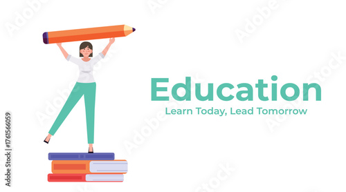 female student holding giant pencil as symbol of creativity and study motivation. Flat education background for learning, writing, and academic growth concept.