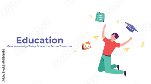 Excited young man jumping with paper and books, celebrating knowledge and learning success. Flat education background for creative academic illustration.
