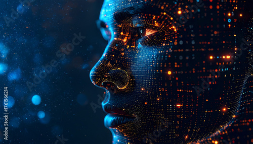 Wallpaper Mural Futuristic human face with glowing mesh of orange and blue dots, symbolizing AI, digital identity, and cybernetic technology in a dark, high-tech setting. Torontodigital.ca