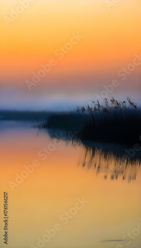 Twilight Reflections: Serene Orange and Violet Hues Mirrored in Tranquil Waters for a Stunning Nature Scene Photography