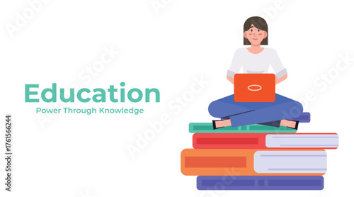 Student sitting on stack of books using laptop for online learning. Flat education illustration background for e-learning, study, or academic website.