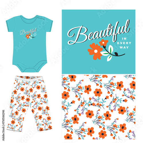 girls bodysuit with leggings flower print vector art