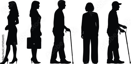 Silhouette set of diverse individuals showing fashion, posture, age, mobility, and lifestyle variation in inclusive vector illustration