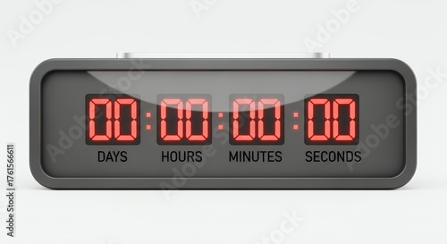 Digital countdown timer with red LED display showing zero days, hours, minutes, and seconds.