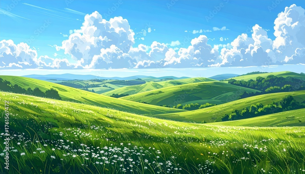 Fototapeta premium abstract Summer Hilly Landscape With Meadows Plants, Blue Sky And Clouds
