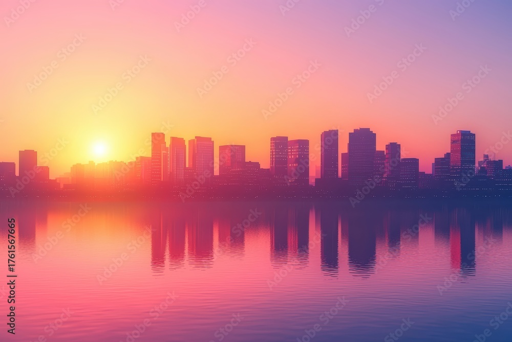 Obraz premium Beautiful sunset over skyline with reflections in water showcasing urban landscape and serene beauty.