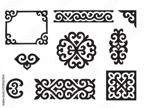 Kazakh ornamental set. Traditional black and white vector design