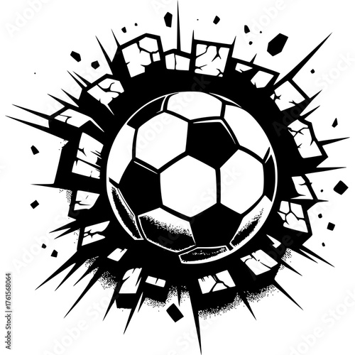 A soccer ball coming from cracked wall black vector icon with transparent background 