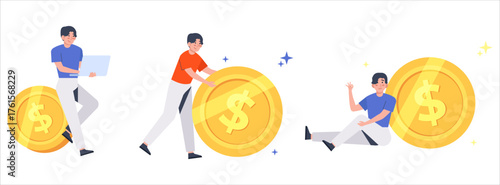 Team of business people with big golden coins. concept of finance, investment, and economic growth in modern business flat vector illustration.
