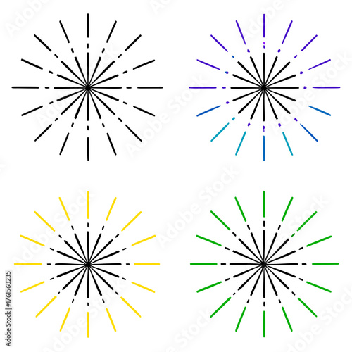 Four sunburst starburst rays bursting outward in different colors and styles