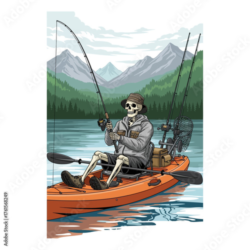 Skeleton kayaking and fishing in a mountain lake scene with fishing rods and gear.