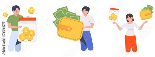 Digital wallet and online payment illustration. people making transactions with credit cards and smartphones in modern fintech concept.