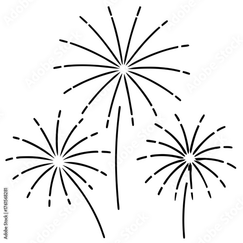 Simple black line art drawing of three abstract fireworks bursting on a white background