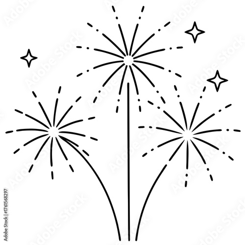 Simple hand drawn line art fireworks display with stars on white background