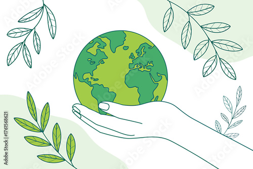 Vector art of hand holding the earth with leaves illustration