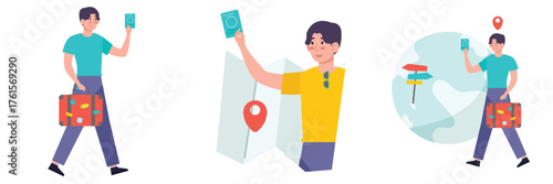 Flat Design Illustration. Enthusiastic young character holding passport, ticket, and luggage, ready for international travel.