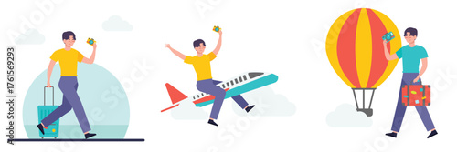Dynamic Character Illustration of travel enthusiasm. Man with luggage and hot air balloon on an exciting journey. Flat style.