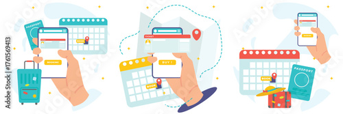 Flat Design Illustration. Ticket and accommodation booking app. Character organizing holiday travel with mobile calendar interface.