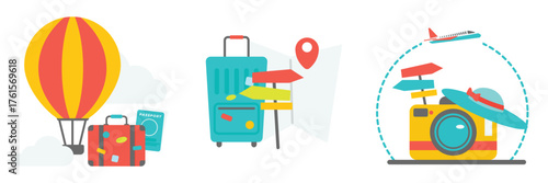 Flat Design Illustration. Global holiday trip planning with luggage, map, and hot air balloon. Travel character preparing for adventure.