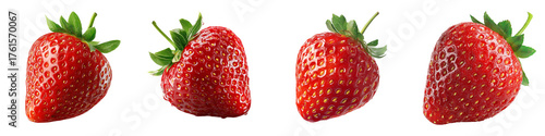 Four ripe red strawberries with green leaves and visible seeds isolated on a transparent background strawberry