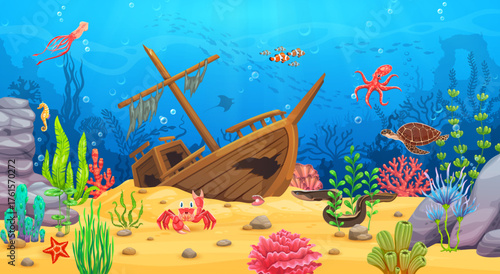 Underwater sea landscape with wooden sunken ship or boat, cartoon vector background. Undersea coral reef or ocean landscape with sunken ship, funny octopus, crab and squid in underwater seaweeds