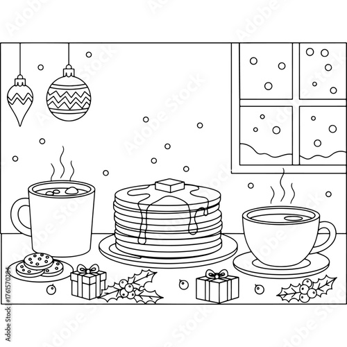 Vector illustration of a sweet holiday morning. Pancakes and hot drinks on a table decorated with Christmas ornaments and holly add to the festive atmosphere, creating a calm and pleasant atmosphere.