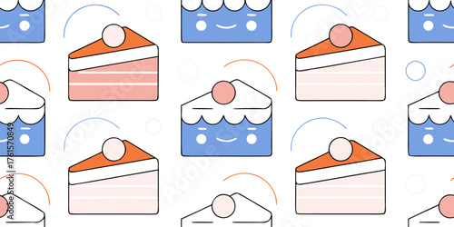 Seamless repeating pattern of cute kawaii cake slices and smiling cakes with cherries. Sweet dessert food illustration for party and bakery themes