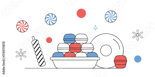 Festive line art illustration of American patriotic holiday treats with macarons, candy, and fireworks for an Independence Day celebration concept