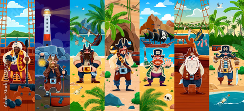 Caribbean and African pirate characters collage on corsair ship, cartoon vector. Pirate captain with treasure chest, boatswain with sword and sailor skipper with Jolly Roger flag on pirate sailboat