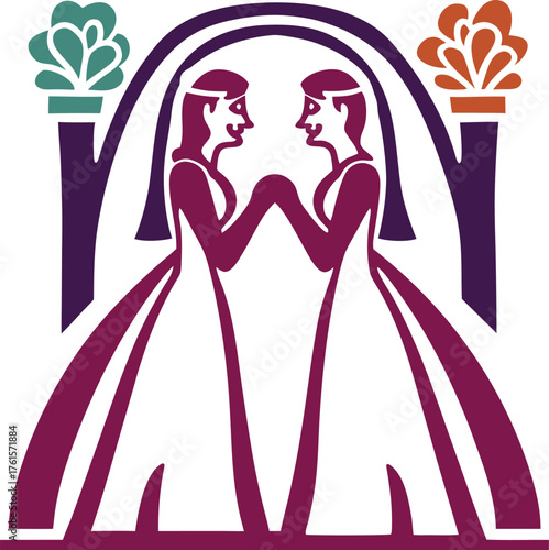 Modern Brides Wedding Graphic Illustration Two brides sharing a moment back to back or cheek to cheek modern style
