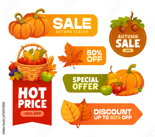 Autumn seasonal sale tags and vector labels with ripe pumpkins, vegetables, fruits and scattered fall leaves. Seasonal discounts, shop promotions and fall sales advertising tags and promo offer labels