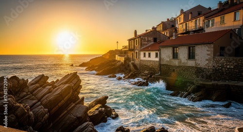 Golden Sunset Illuminating Italian Coastal Village Scenery