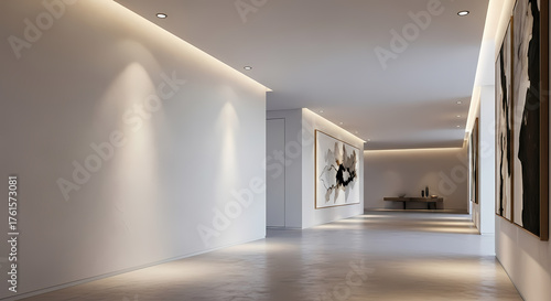 A long, modern hallway with minimalist design, illuminated by warm recessed lighting and showcasing abstract art.