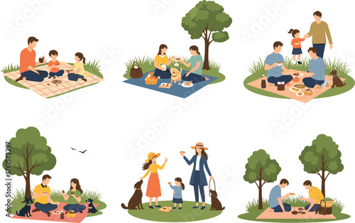 Family Picnic Outdoor Activities, Parents and Children Eating Together, Nature Relaxation, Food, Park Leisure Time, Dogs, Summer Picnic Scenes