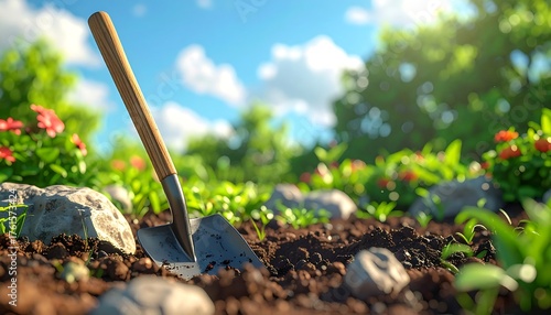 An eye-level shot shows a garden scene with a shovel embedded in the rich brown soil, surrounded by greenery. Bright sunlight peeks through the background