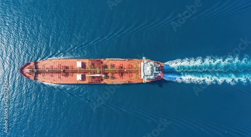 Large cargo ship traveling across the ocean leaving a white wake