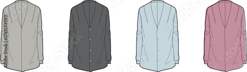 Vector flat technical sketches of versatile long-sleeve dress shirts in a contemporary color palette, essential apparel illustrations for fashion design and garment development