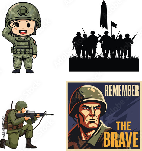 Cartoon and silhouette soldiers, military tribute illustration, honor the brave, veteran remembrance art, army heroes, patriotic soldier graphics