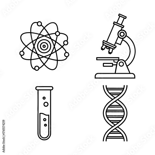 science icons, atom, microscope, test tube, DNA